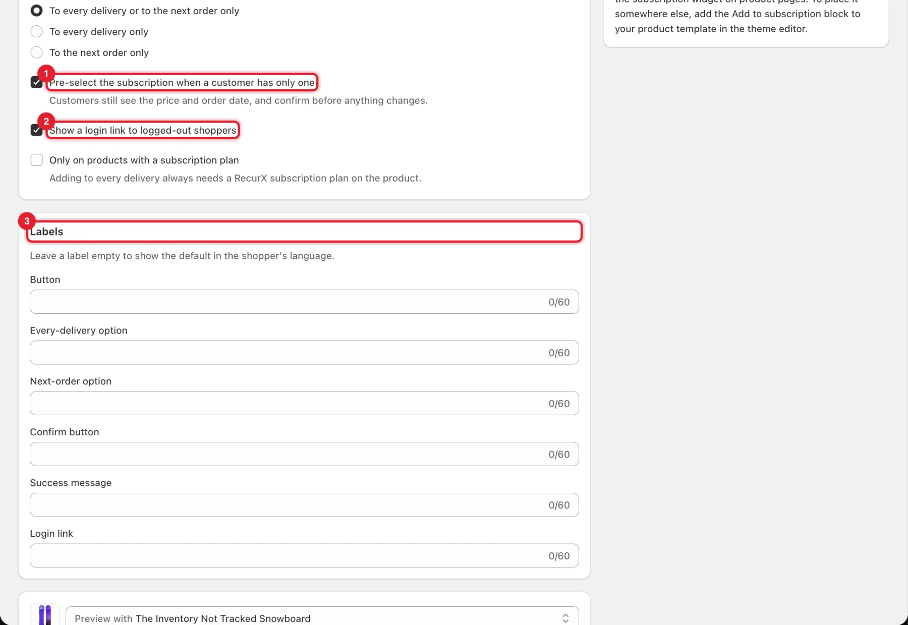 Pre-select the subscription, Show a login link and Labels highlighted