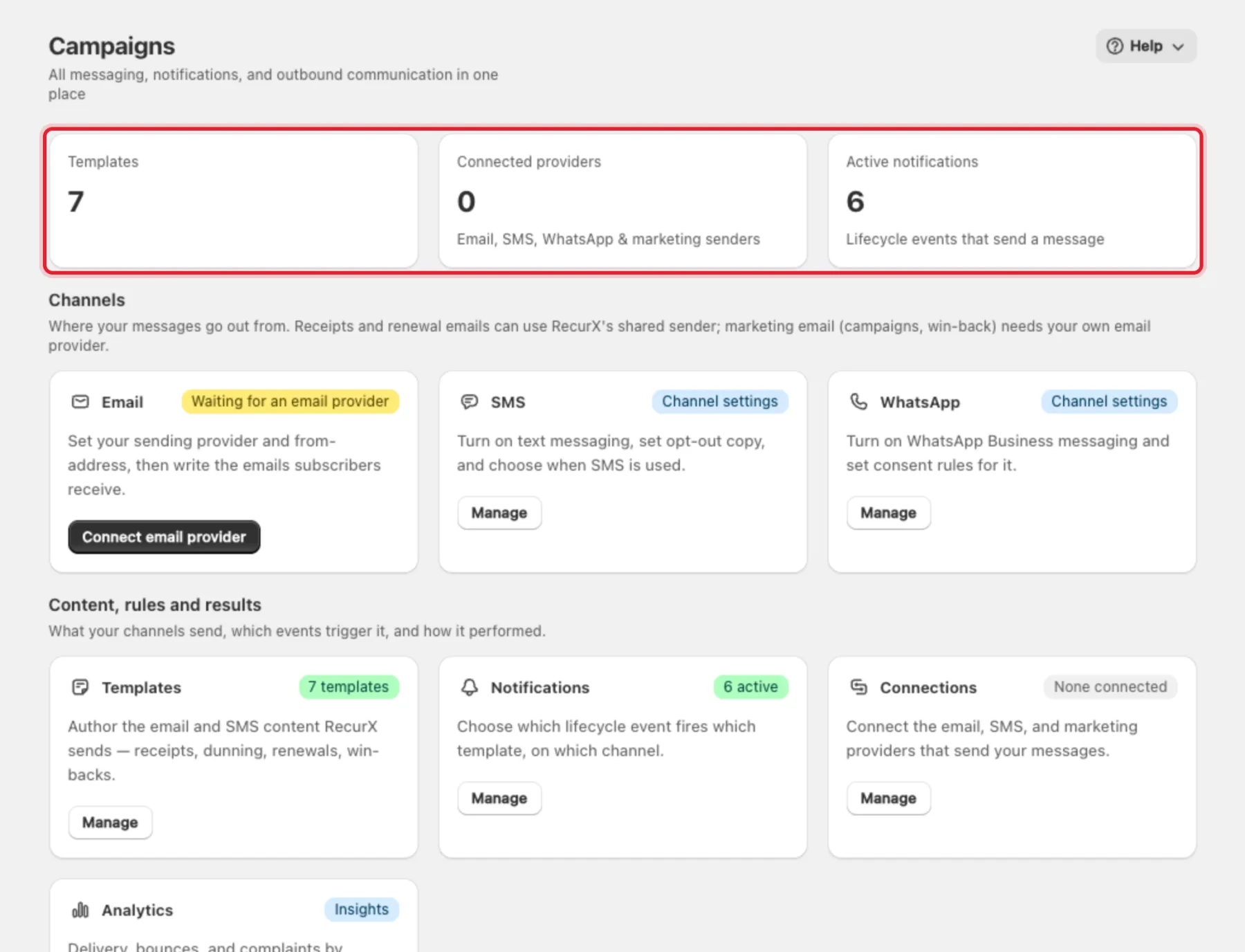 The Campaigns page with the Templates, Connected providers and Active notifications counters highlighted