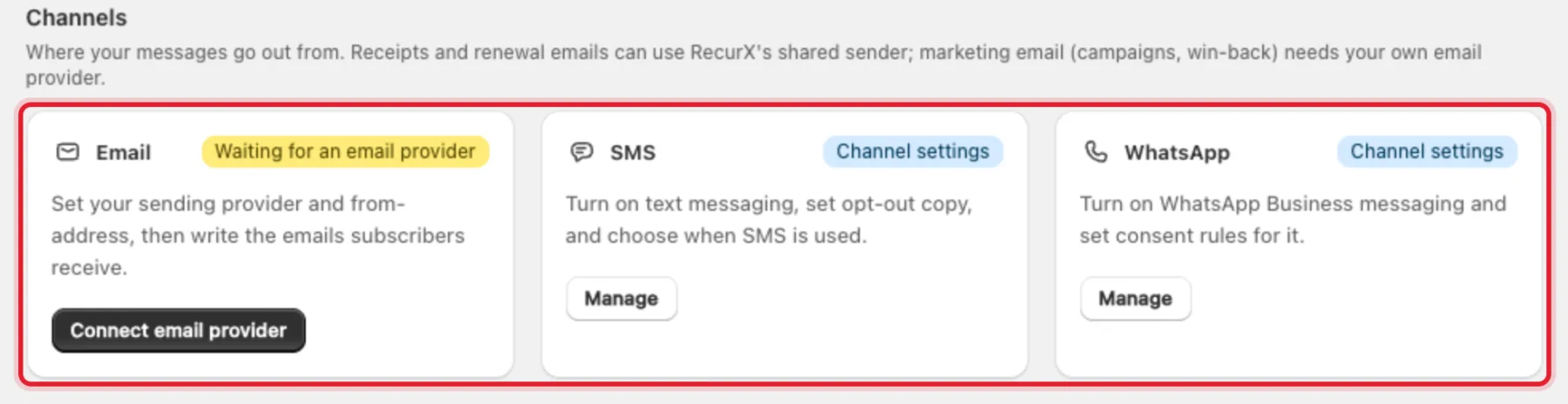 The Channels group with the Email, SMS and WhatsApp cards highlighted