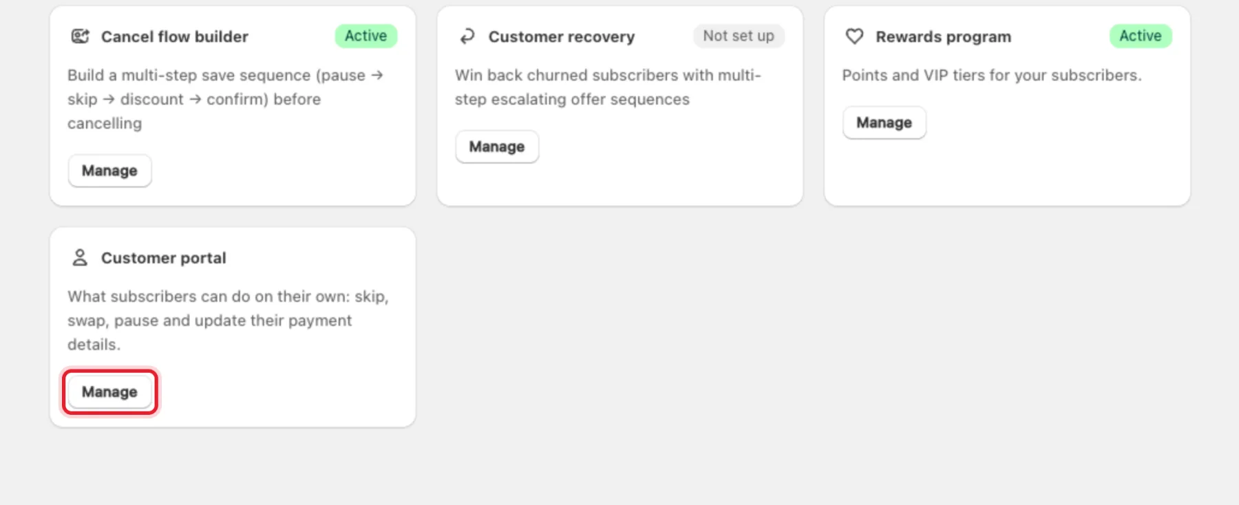 The Retention page with the Manage button on the Customer portal card highlighted