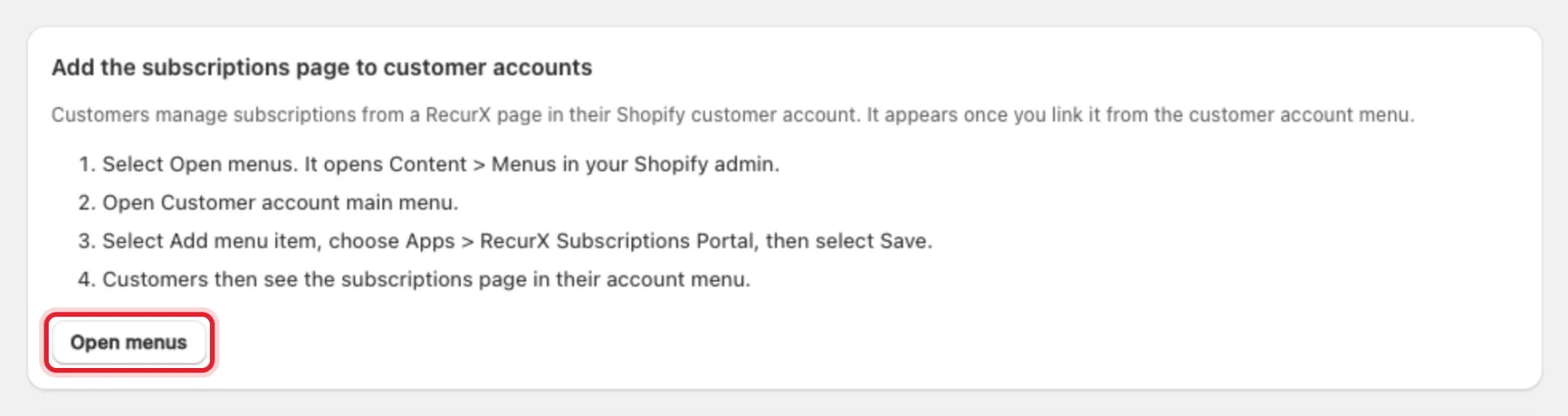 The Add the subscriptions page to customer accounts card with the Open menus button highlighted
