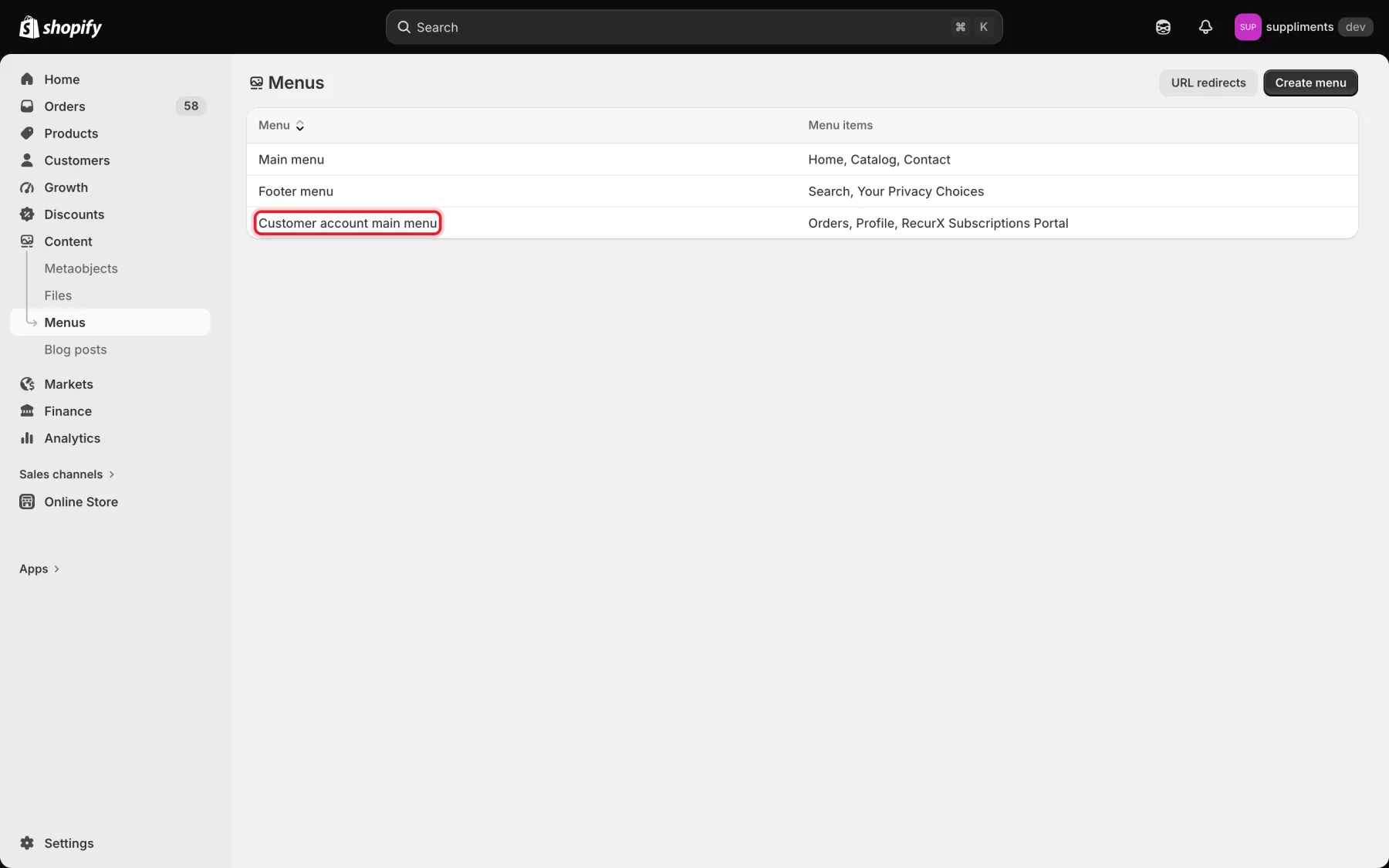 Shopify's Menus page with Customer account main menu highlighted
