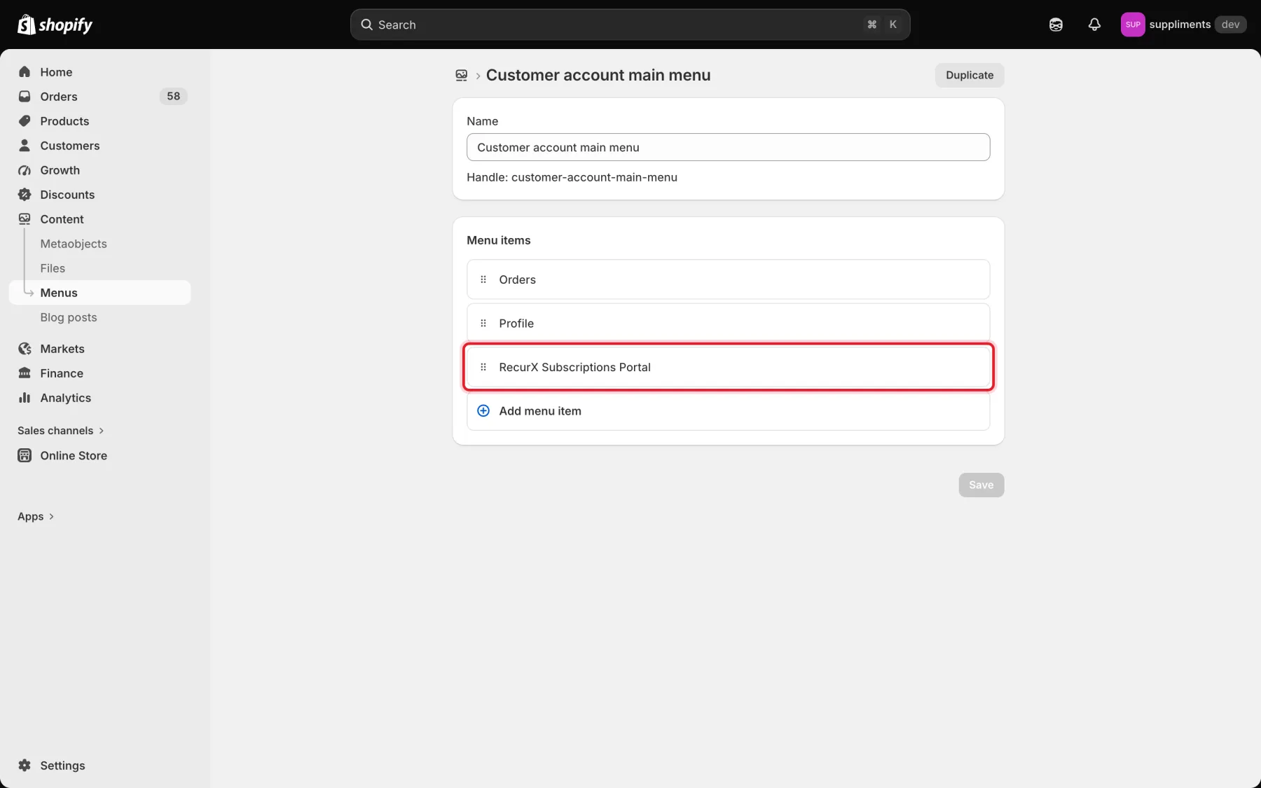 The Customer account main menu with the RecurX Subscriptions Portal menu item highlighted