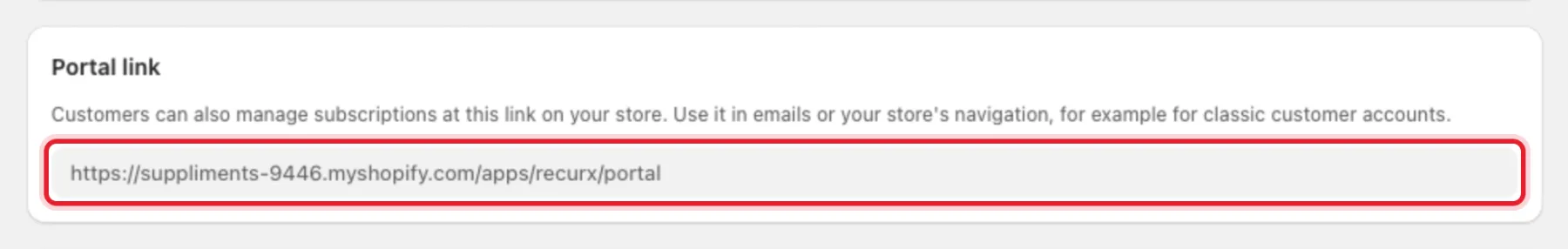 The Portal link card with the Subscription management URL highlighted