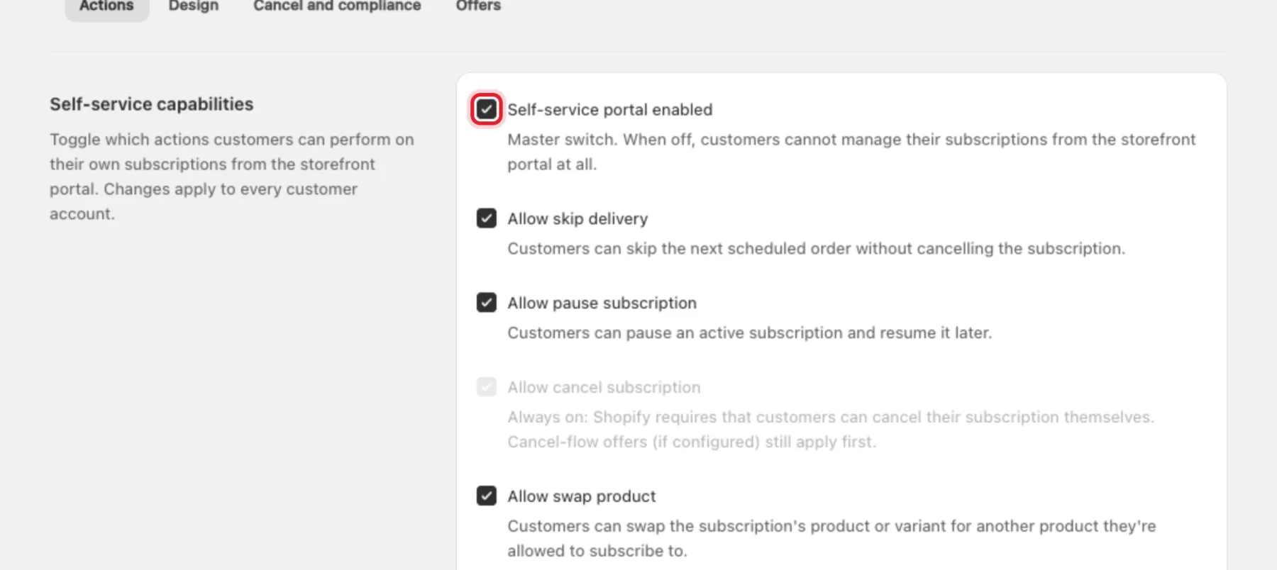 The Self-service capabilities card with the Self-service portal enabled checkbox highlighted