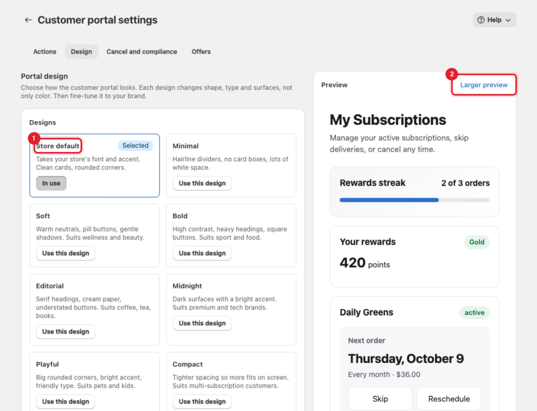 The Design tab with the Store default design and the Larger preview link highlighted