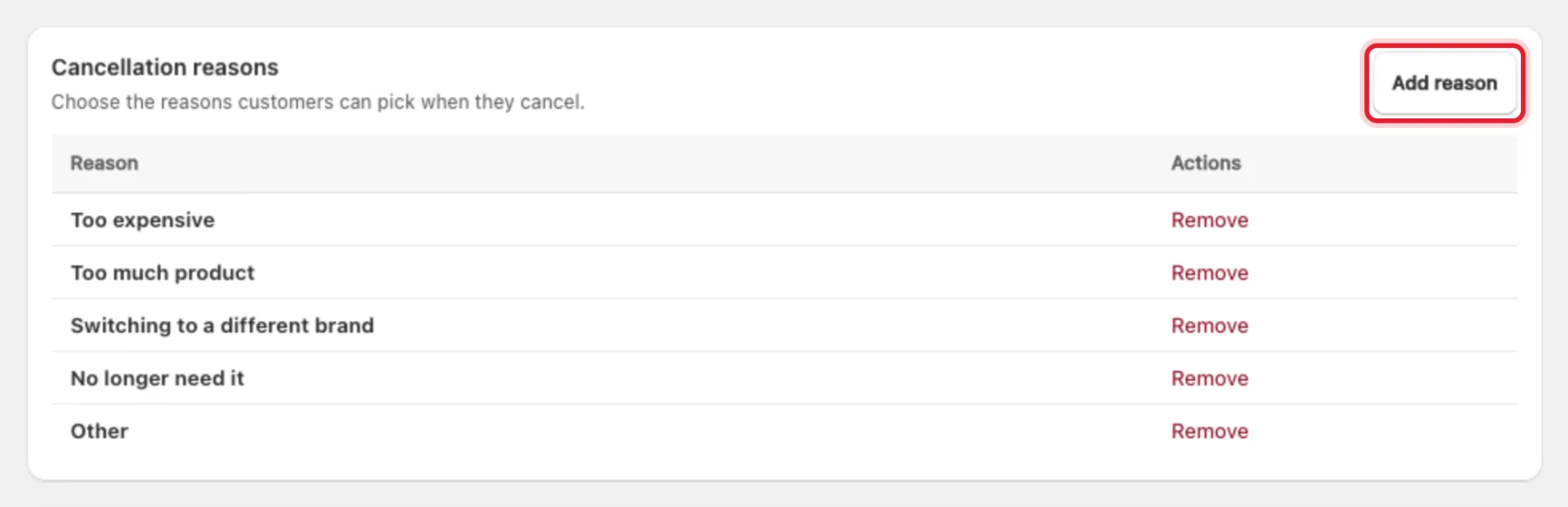 The Cancellation reasons tab with the Add reason button highlighted