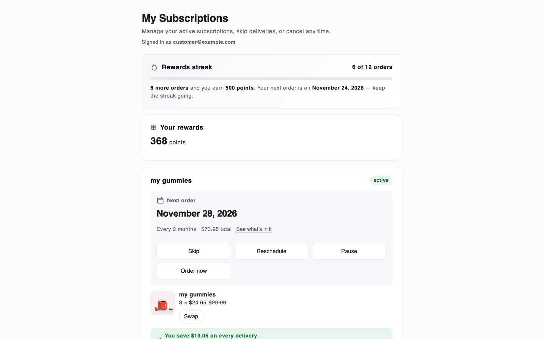 The signed-in customer portal: My Subscriptions with the rewards streak, points and an active subscription card