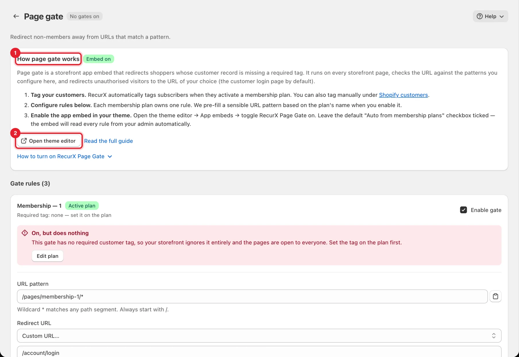 The Page gate page with How page gate works and Open theme editor highlighted
