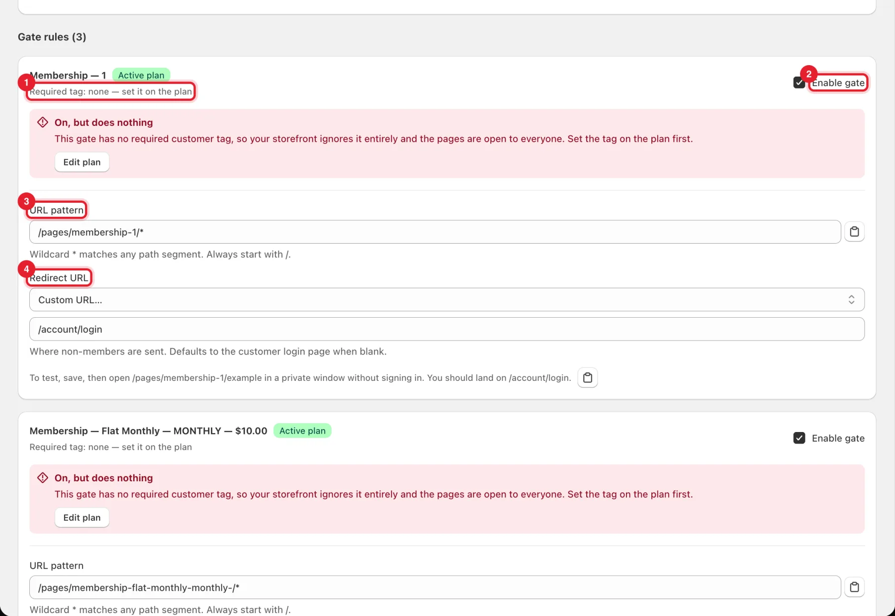 A gate rule with Required tag, Enable gate, URL pattern and Redirect URL highlighted