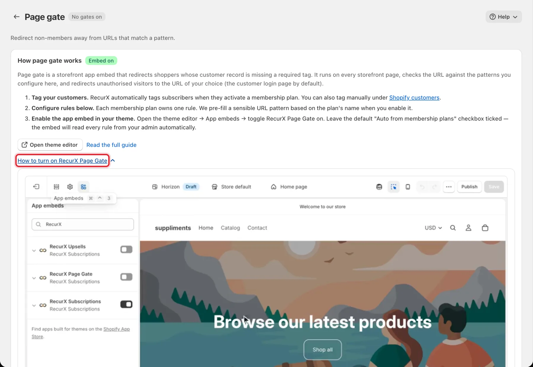 How to turn on RecurX Page Gate expanded, showing the App embeds list in the theme editor