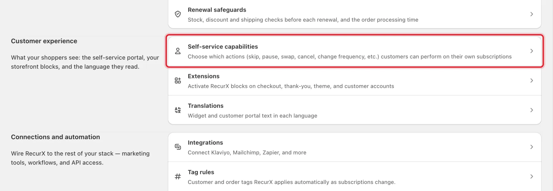 The App settings page with the Self-service capabilities row highlighted