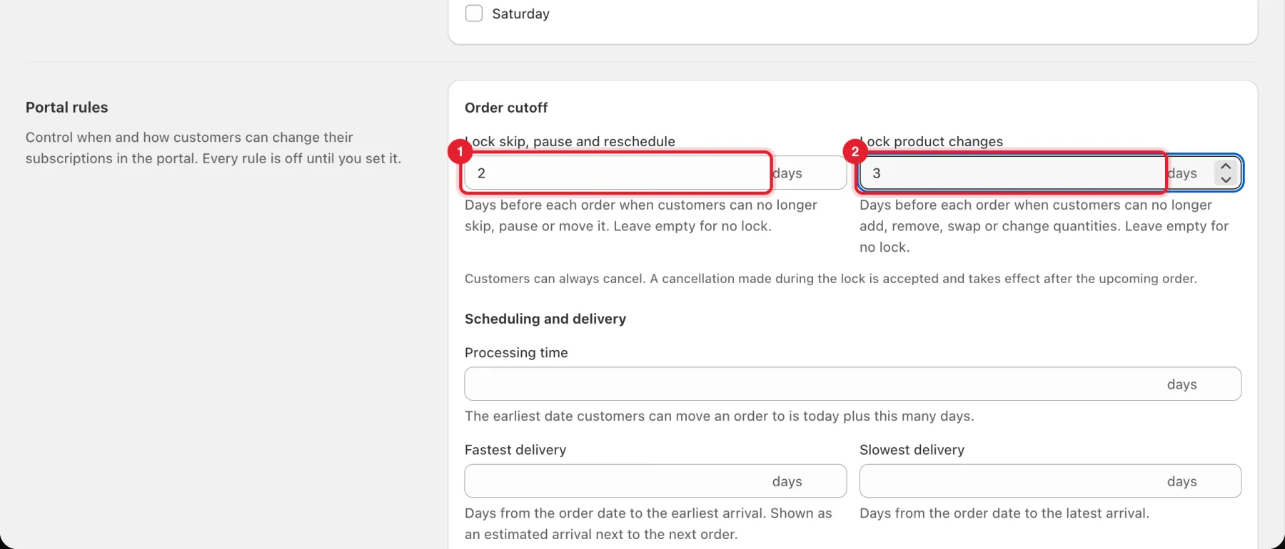 The Order cutoff fields filled with 2 and 3 days