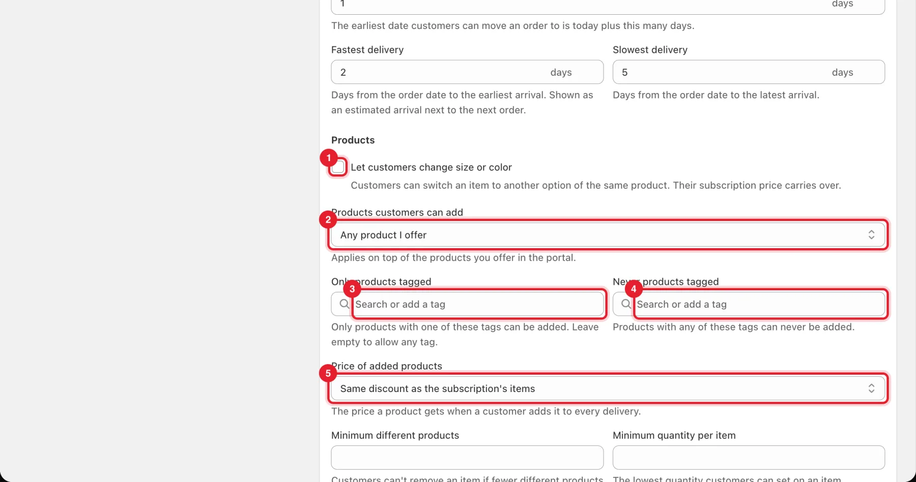 The Products rules with size or color changes, products customers can add, tag filters and price of added products highlighted