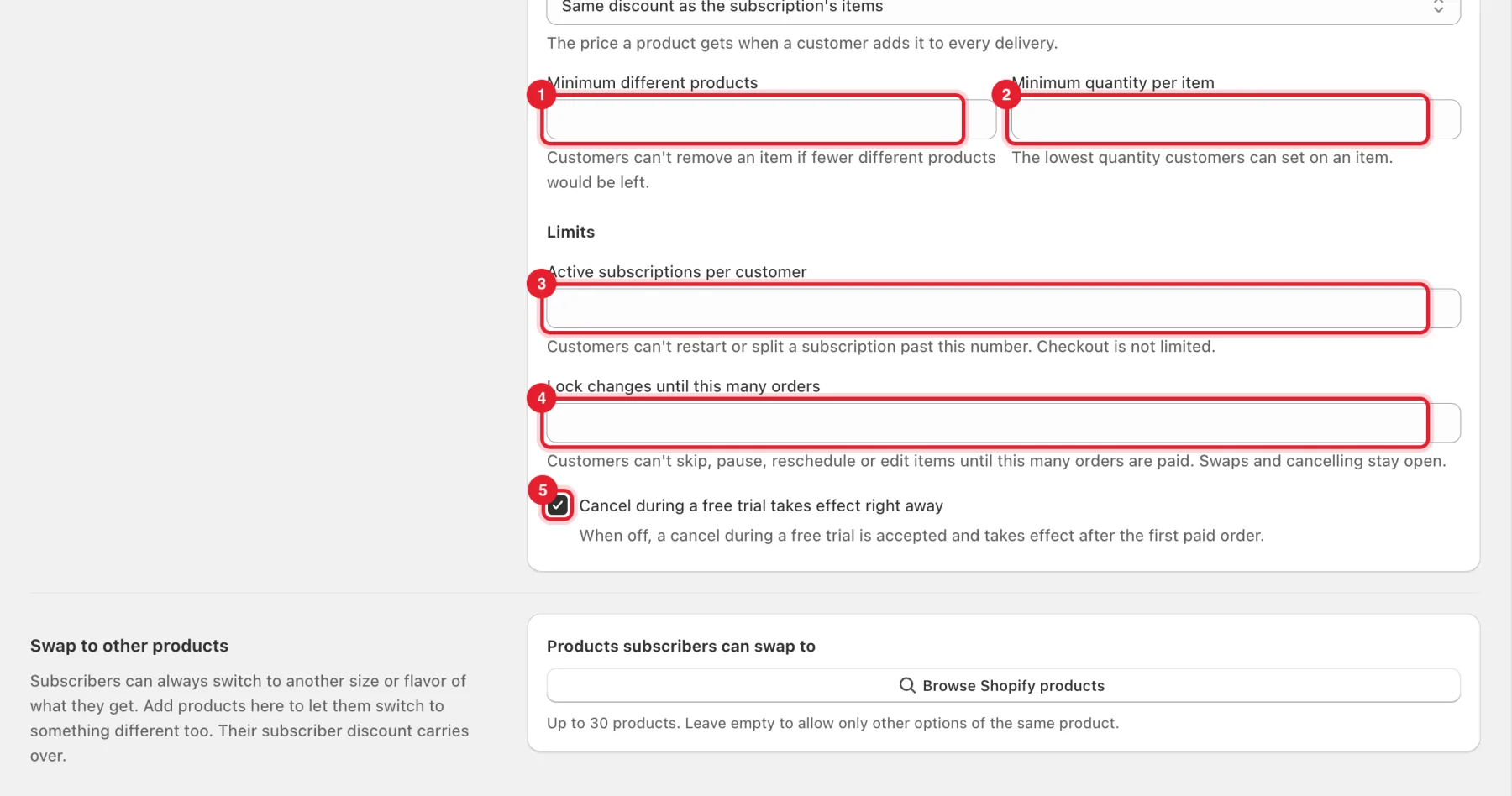 The minimum and limit fields and the free trial cancel checkbox highlighted