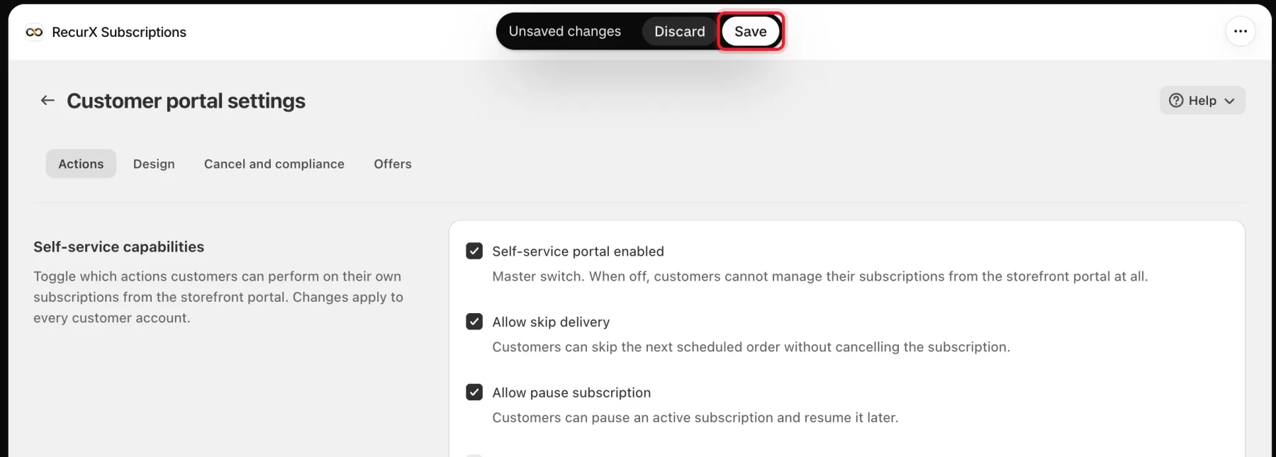 The unsaved changes bar on Customer portal settings with Save highlighted