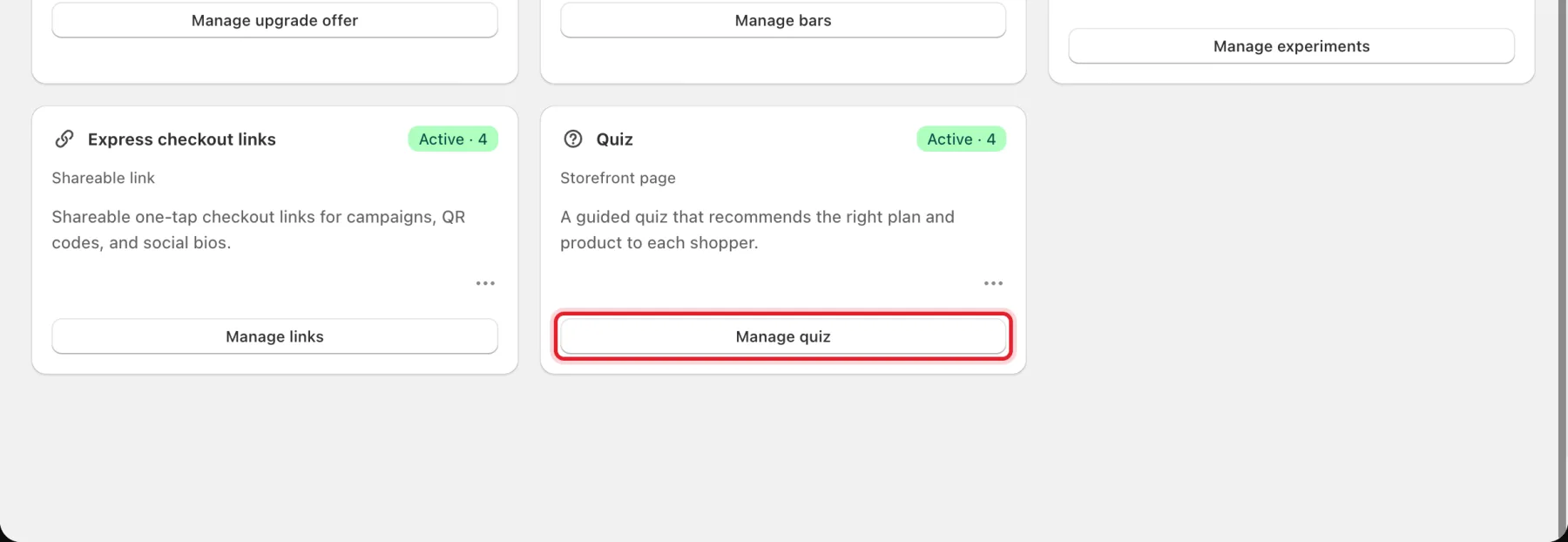 The Growth page Convert tab with the Manage quiz button highlighted