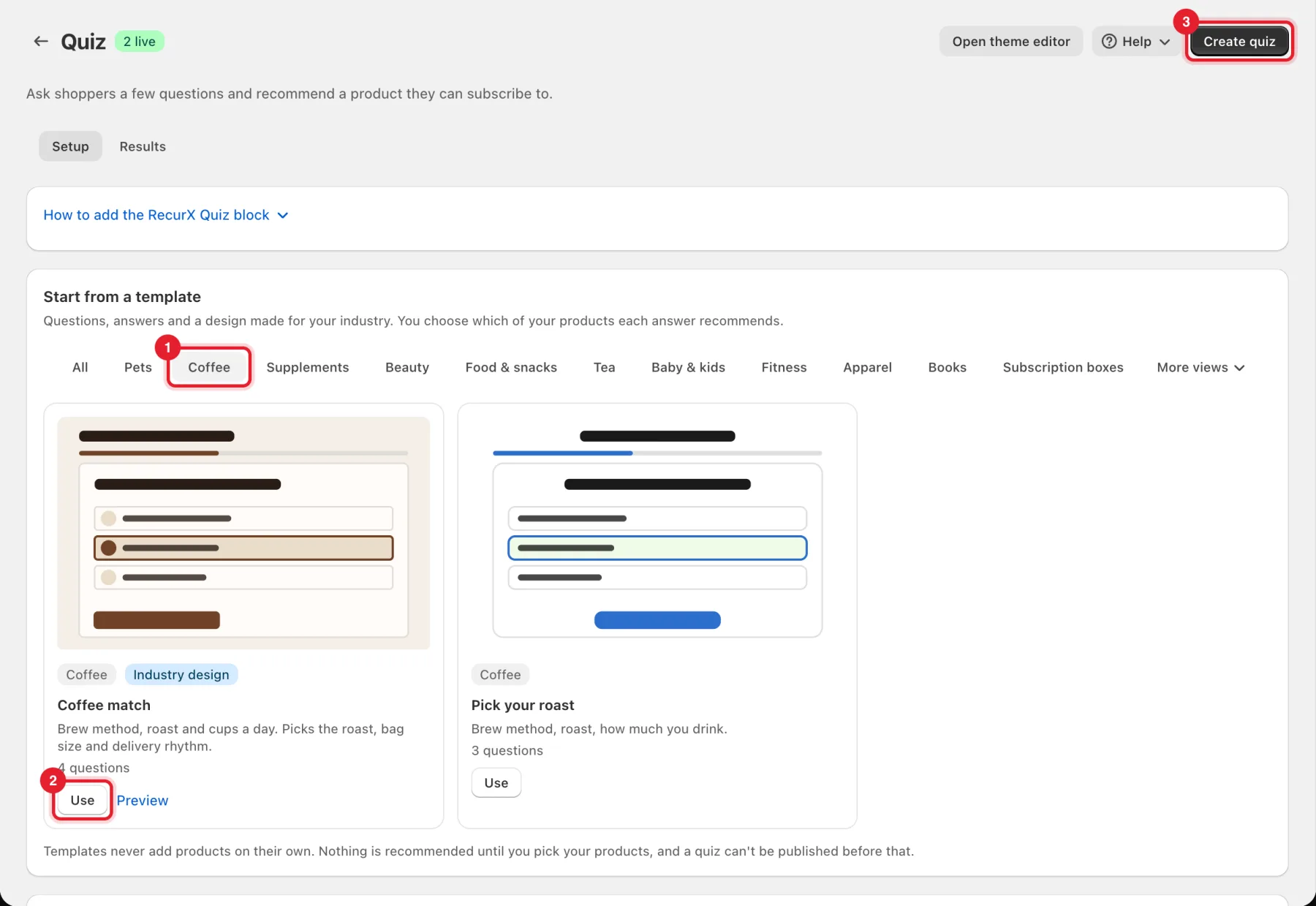 The Quiz page with the Coffee tab, a template's Use button and Create quiz highlighted
