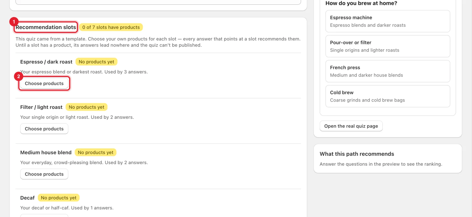 The Recommendation slots card with its heading and the first Choose products button highlighted