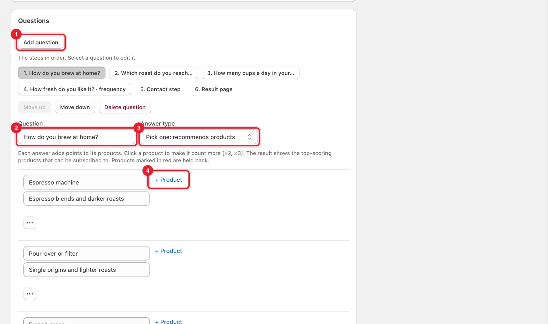 The Questions card with Add question, the Question field, Answer type and + Product highlighted