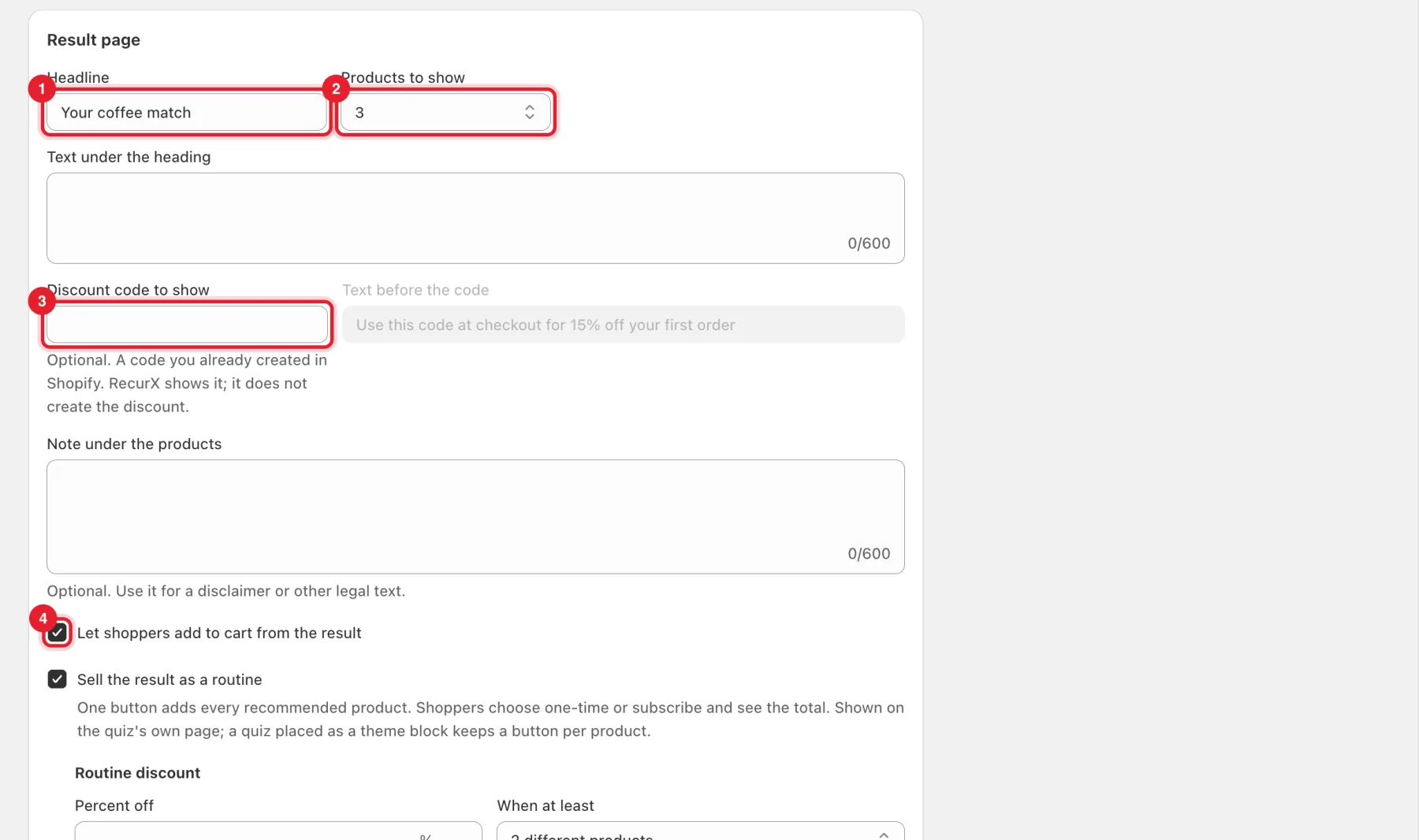 The Result page card with Headline, Products to show, Discount code to show and Let shoppers add to cart highlighted