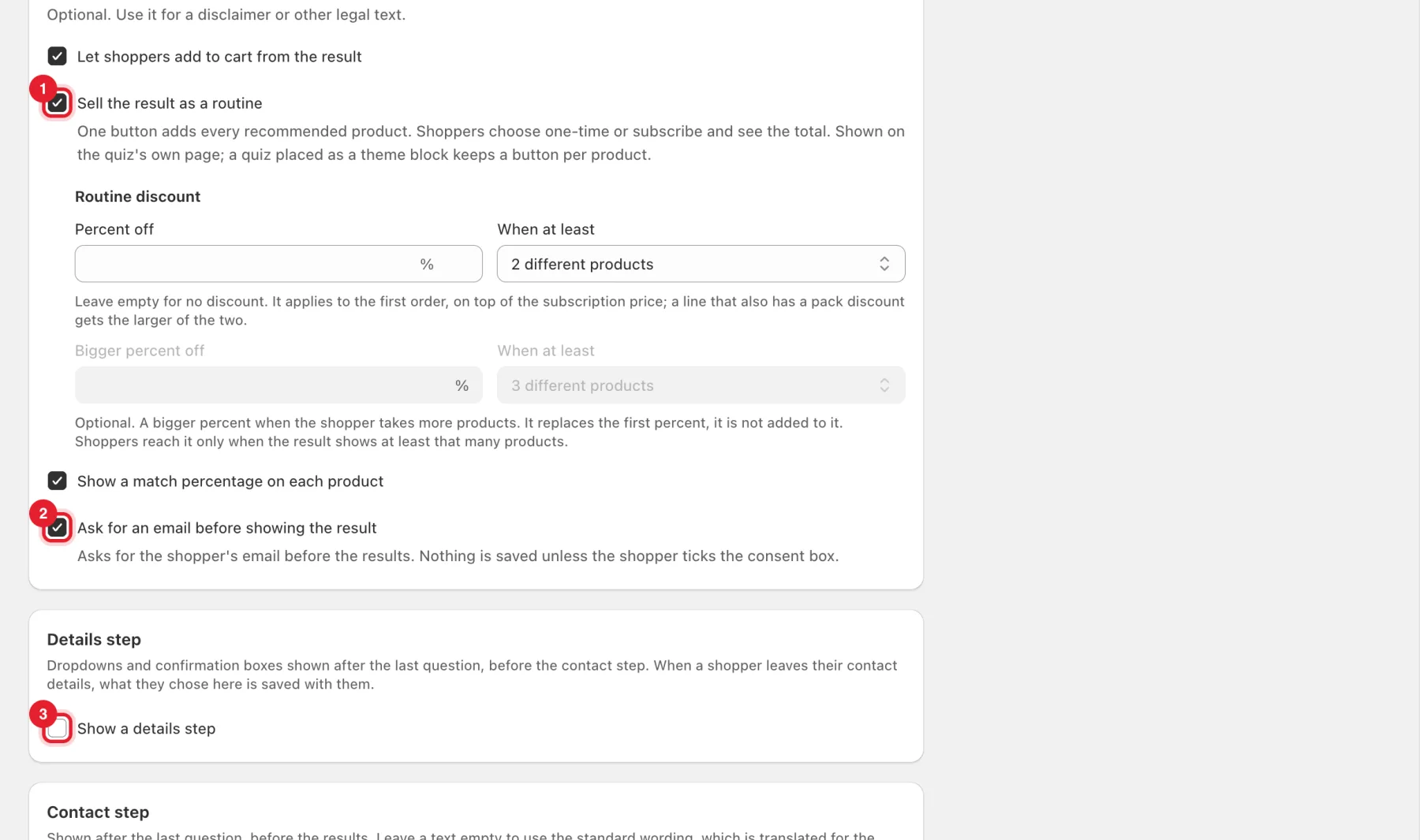 The routine, email and details step options highlighted on the result page settings