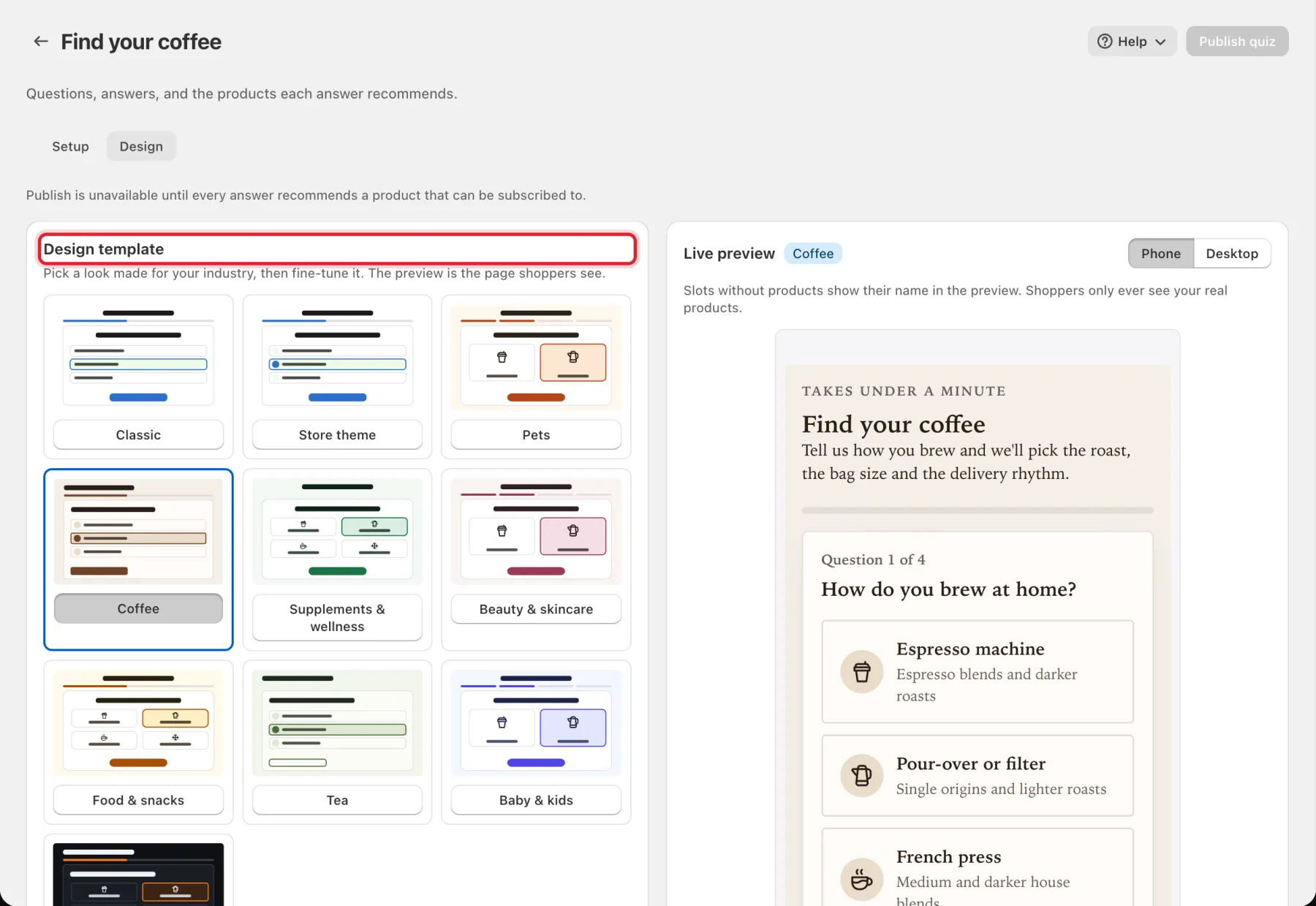 The Design tab with the Design template gallery highlighted and the phone preview on the right