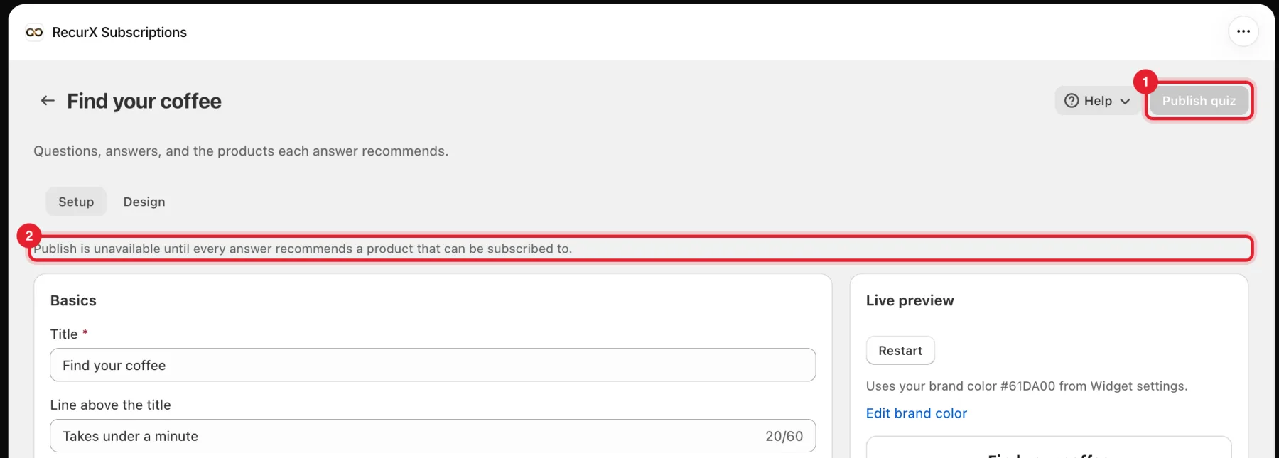 The top of the quiz editor with the Publish quiz button and the reason it is unavailable highlighted