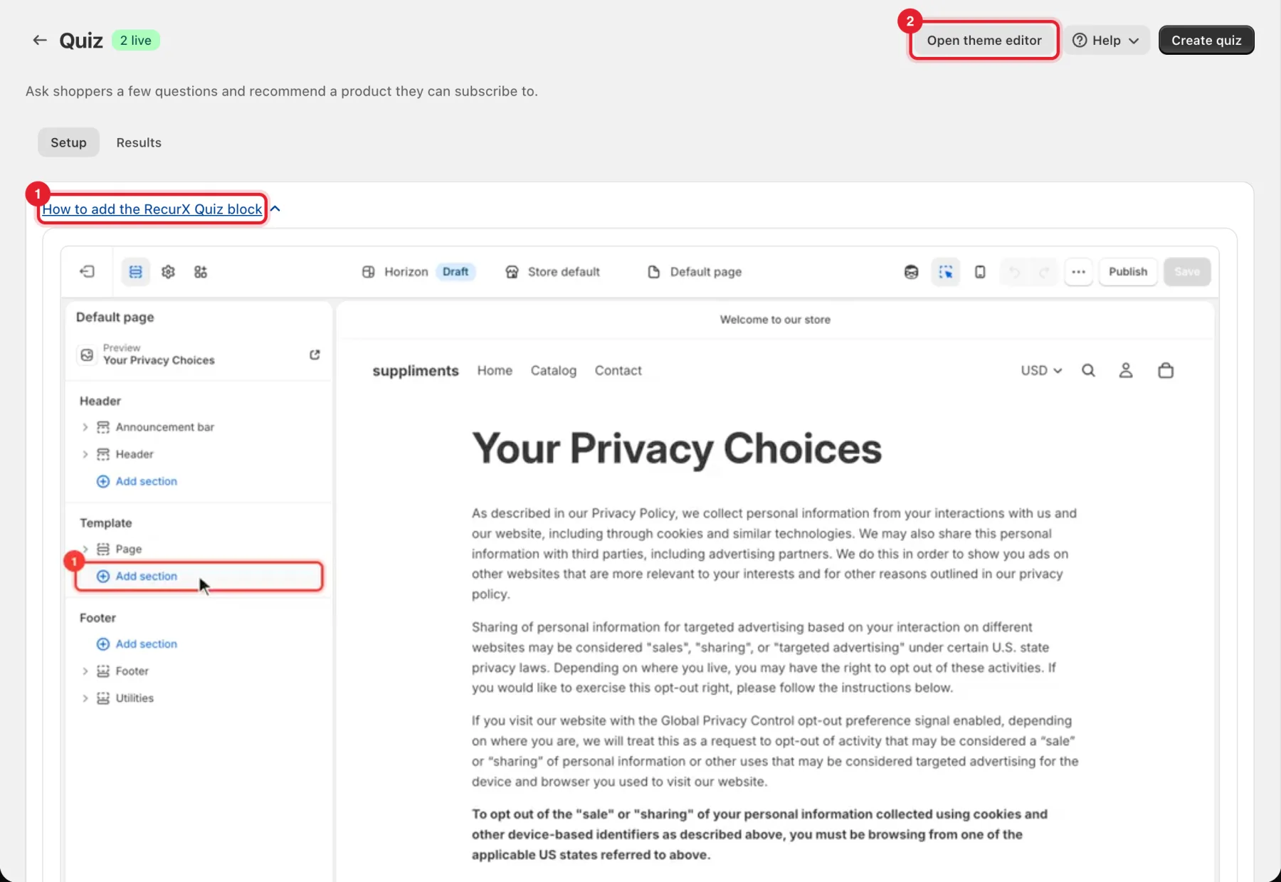 The Quiz page with the How to add the RecurX Quiz block guide open and Open theme editor highlighted