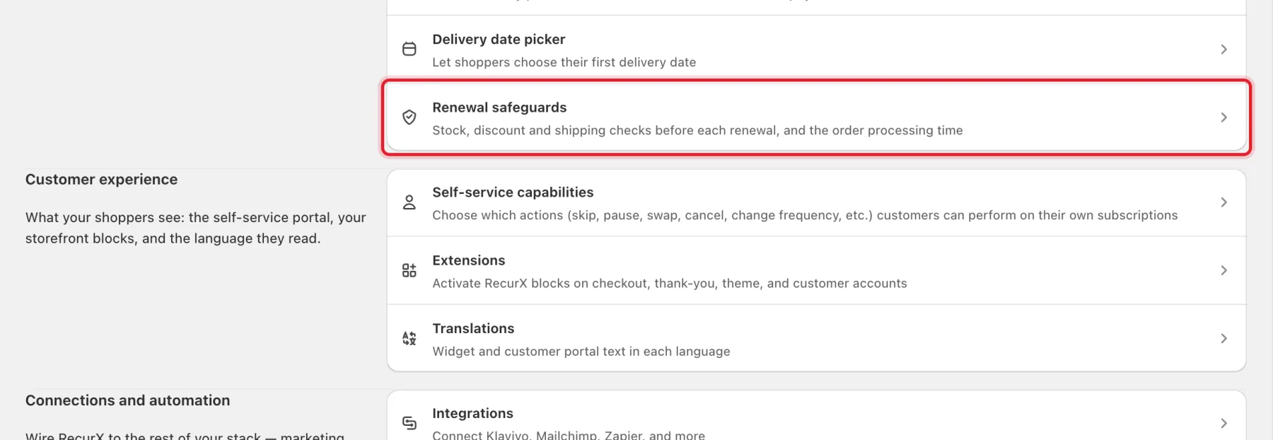 The App settings page with the Renewal safeguards row highlighted