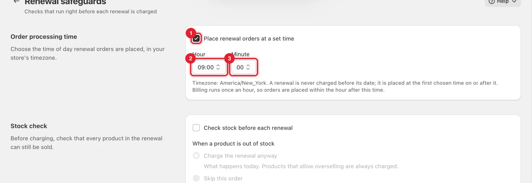 The Order processing time card with the checkbox, Hour and Minute highlighted