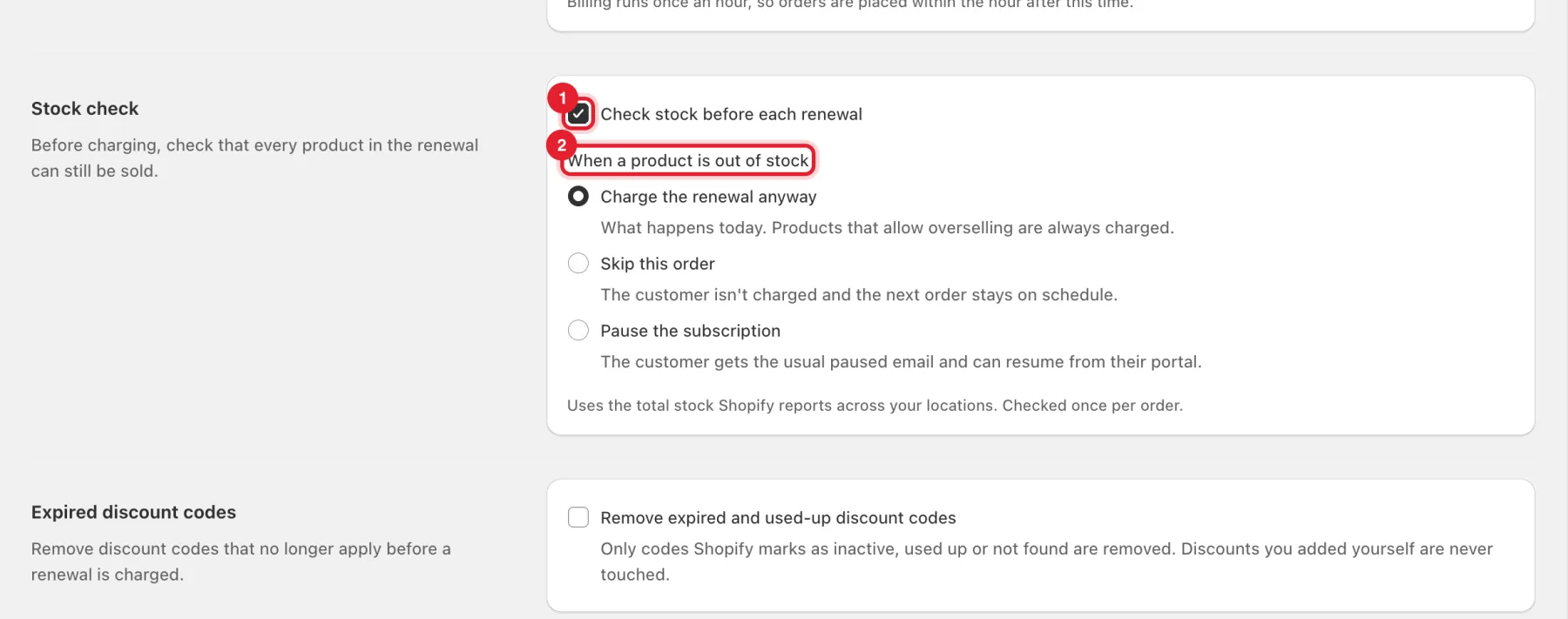 The Stock check card with the checkbox and the out-of-stock choices highlighted