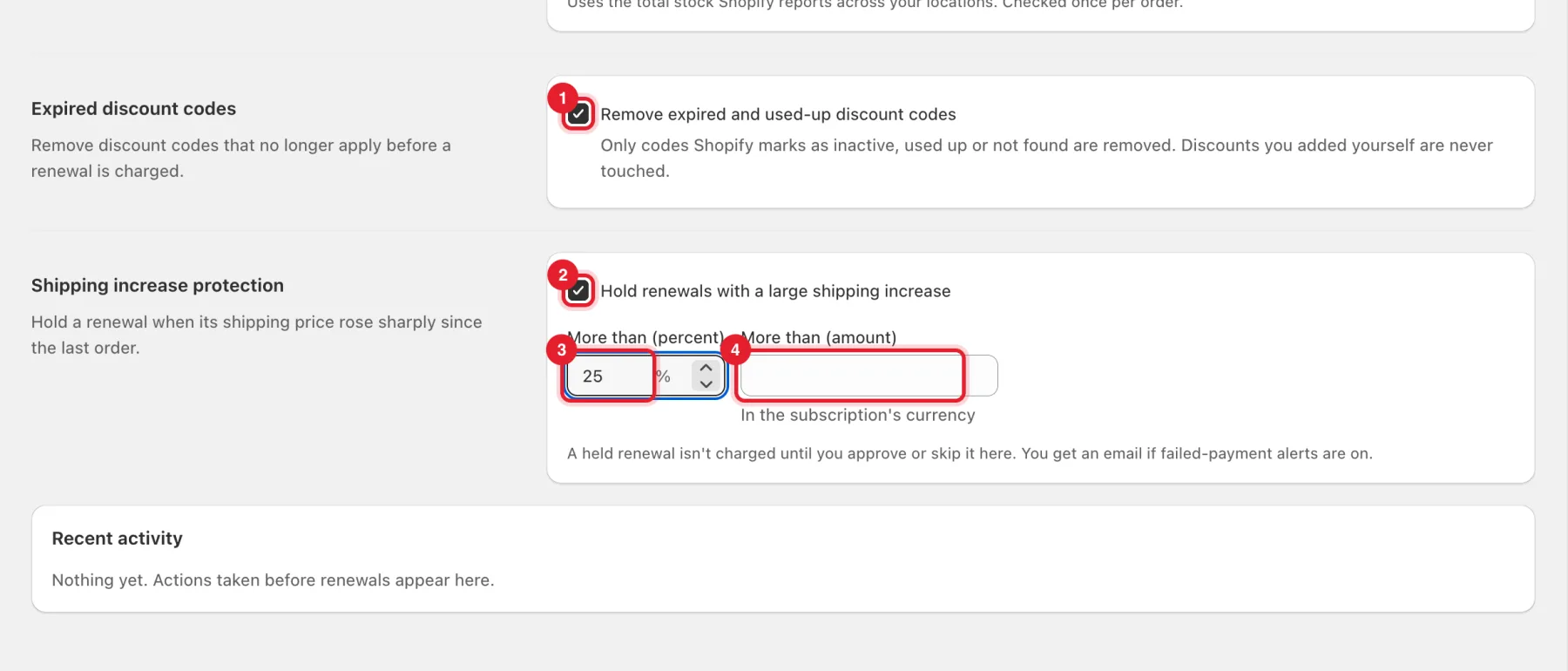 The Expired discount codes and Shipping increase protection cards with the checkboxes and both threshold fields highlighted
