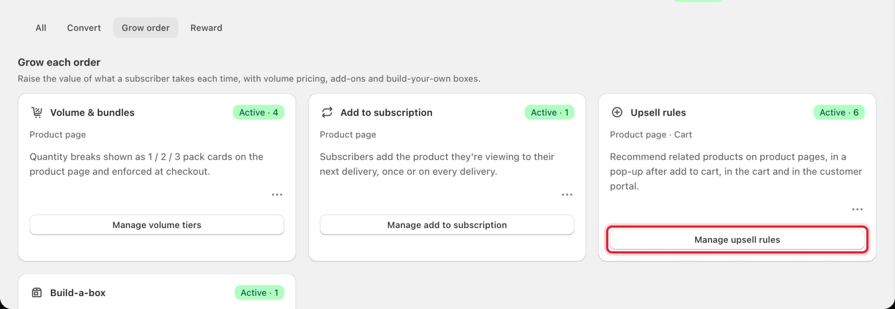 The Growth page Grow order tab with Manage upsell rules highlighted