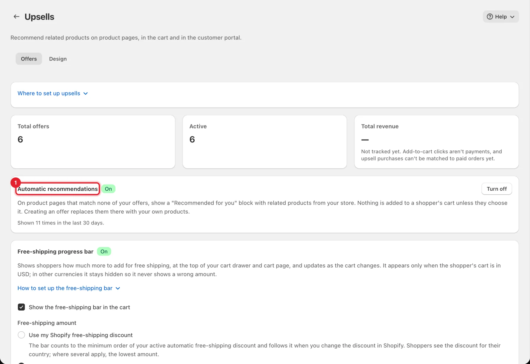 The Upsells page with the Automatic recommendations card highlighted