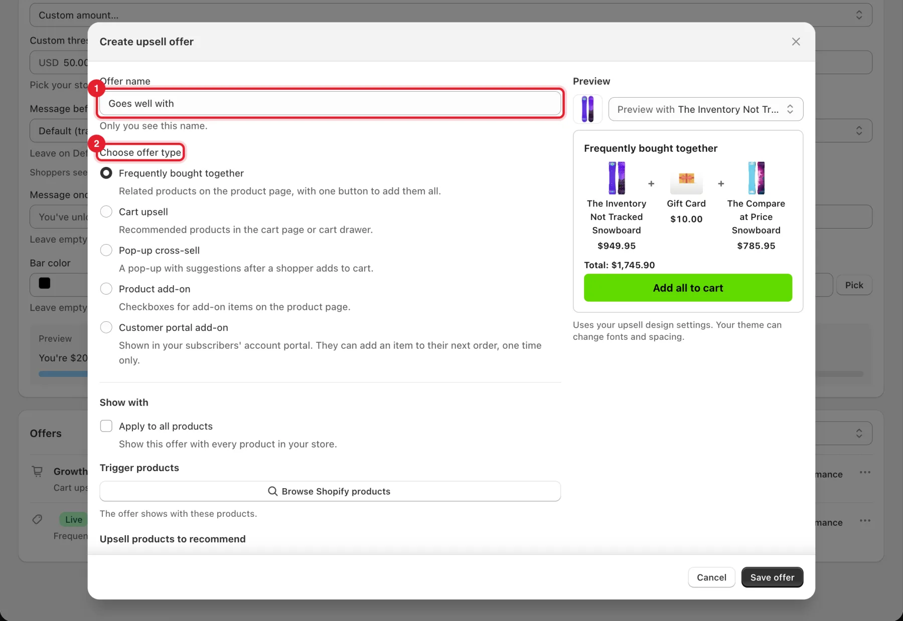 The Create upsell offer window with Offer name and Choose offer type highlighted, next to the preview