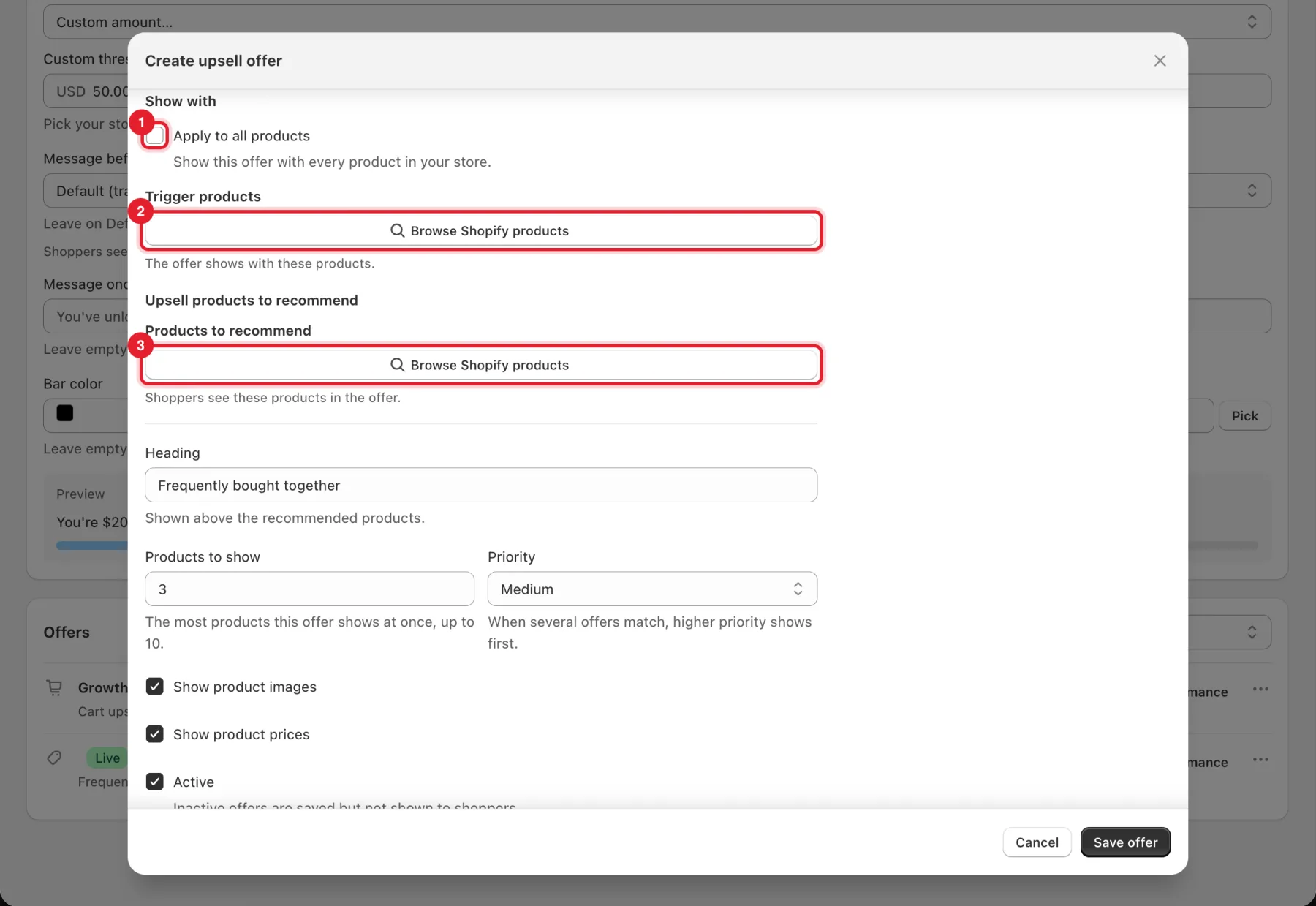 The Show with section with Apply to all products and both Browse Shopify products buttons highlighted