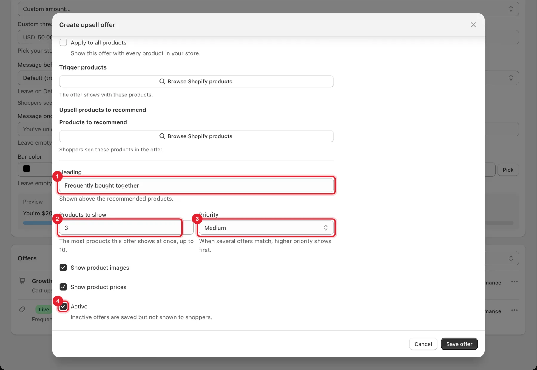 The Heading, Products to show, Priority and Active settings highlighted in the offer window