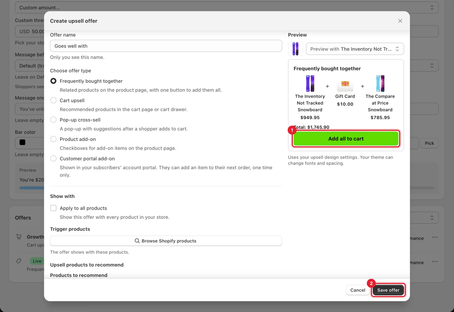 The offer preview with Add all to cart and the Save offer button highlighted
