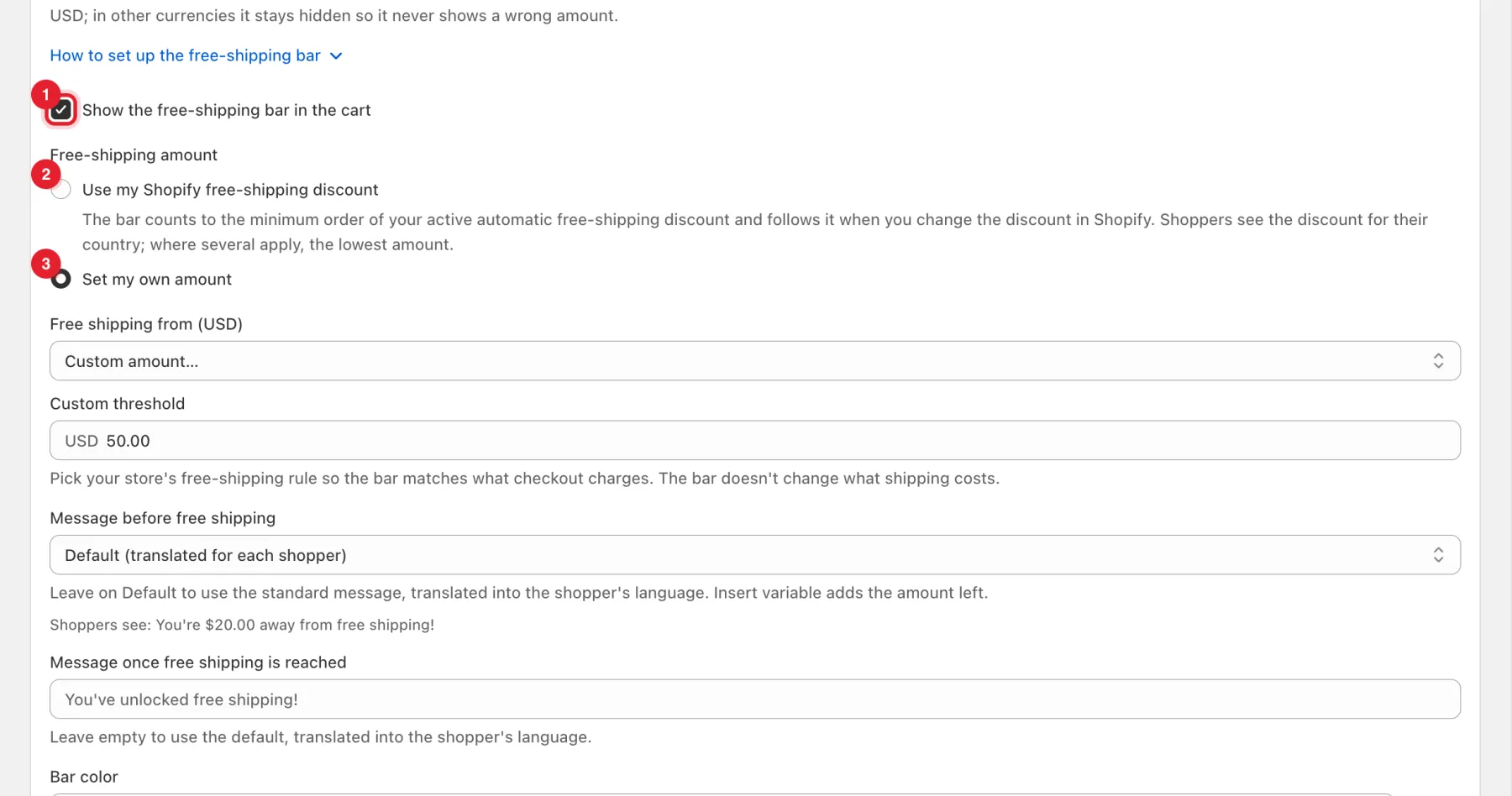 The Free-shipping progress bar card with the show checkbox and both amount options highlighted