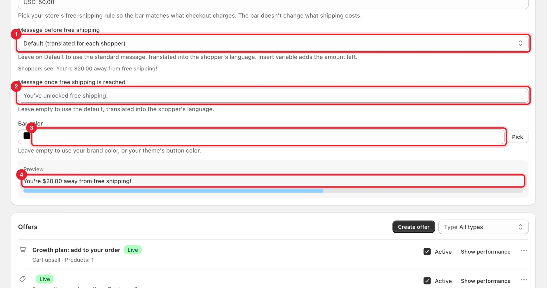 The free-shipping messages, Bar color and preview highlighted