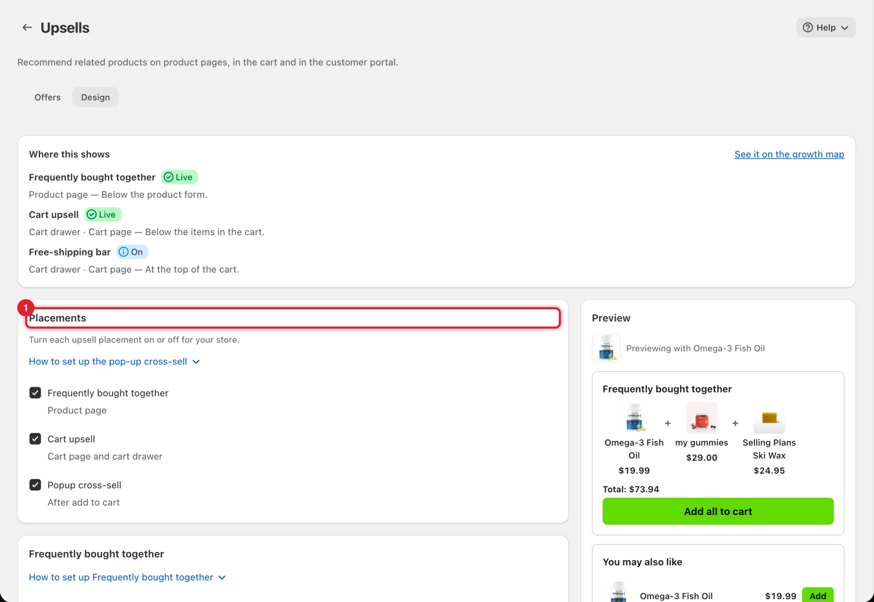 The Upsells Design tab with Where this shows and the Placements card highlighted, next to the preview