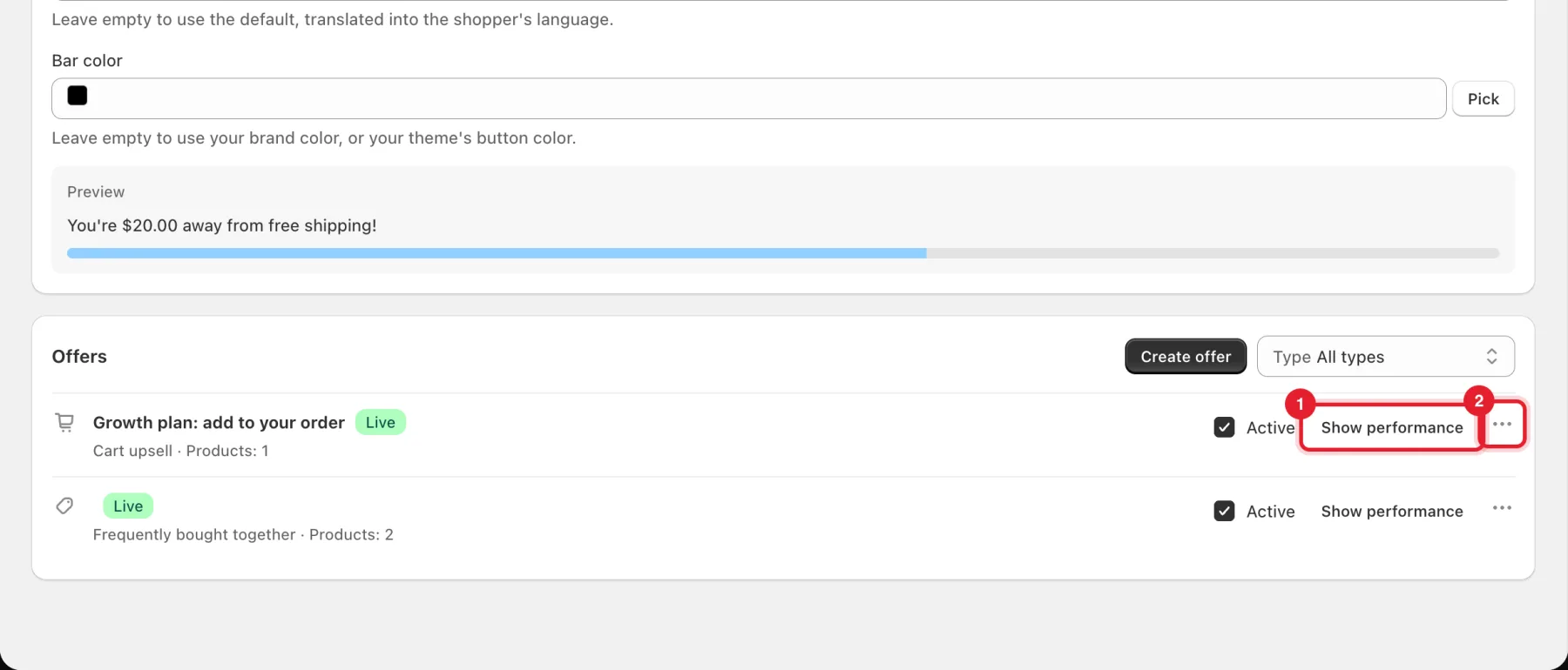 The Offers list with Show performance and the actions menu highlighted